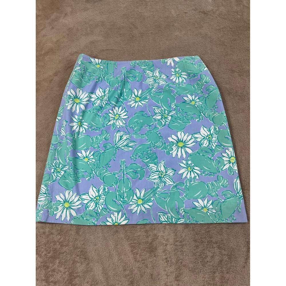 Vintage Lilly Pulitzer Crab Daisy Skirt Women 6 Purple/Green Cotton Back Zip EUC